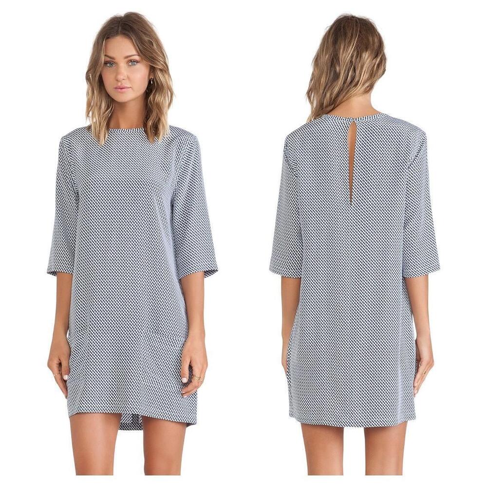 Equipment Aubrey Dress L Blue Geo Tile Print 100% Silk 1/2 Sleeve Shift